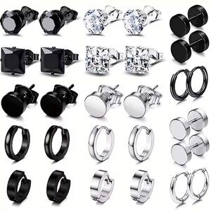 14pcs Men’s Black Silver Earring Set